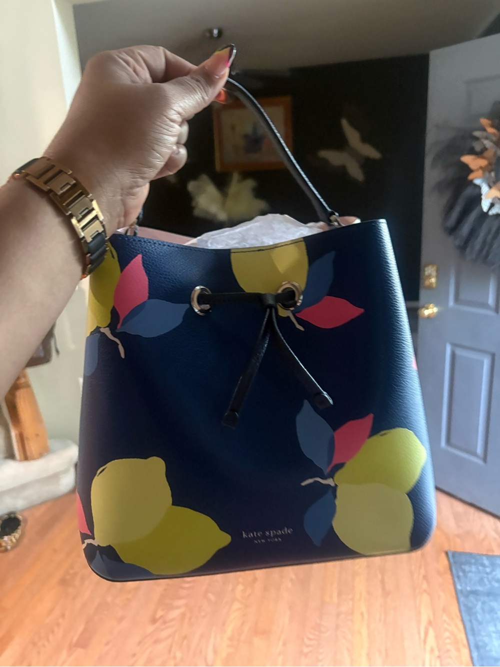 BRAND New Kate Spade Navy Lemon Print Drawstring Bucket Bag